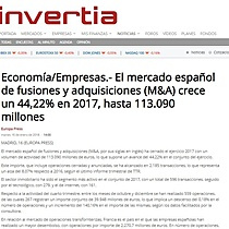 El mercado espaol de fusiones y adquisiciones (M&A) crece un 44,22% en 2017, hasta 113.090 millones